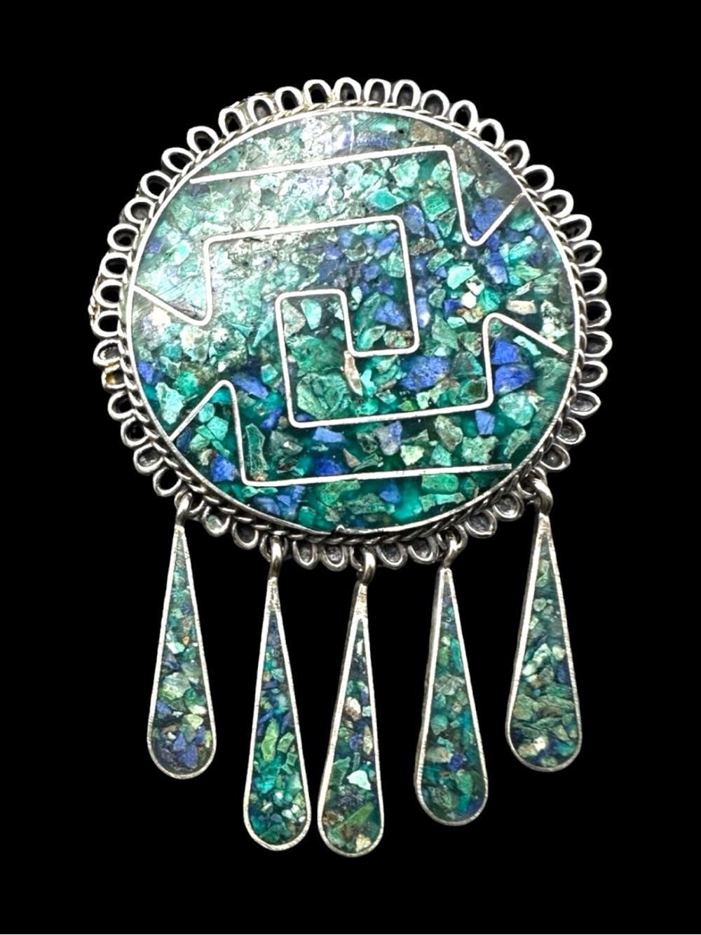Vintage Silver Brooch with Green Blue Mosaic Inlay
